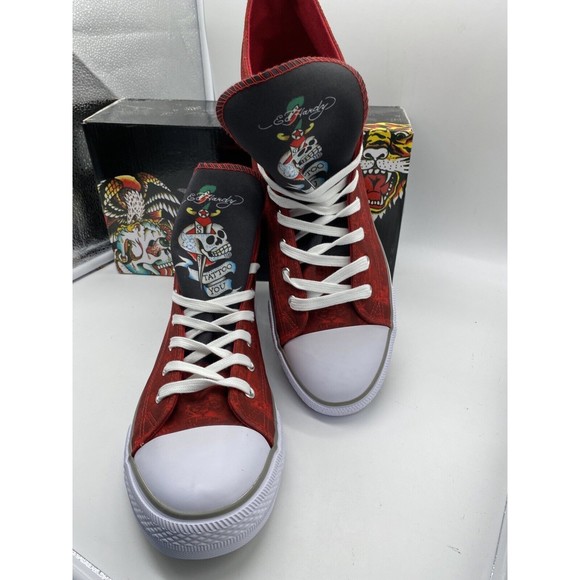 Ed Hardy High Top Mens Size 9.5  Red Canvas Lace Up Lifestyle Sneakers Shoes - Picture 1 of 8
